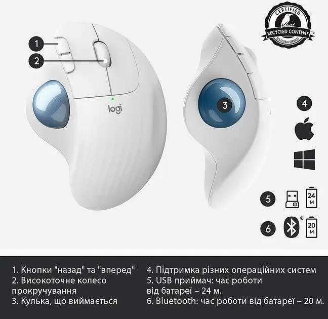 Миша комп'ютерна Logitech Ergo M575 Bluetooth Offwhite (910-005870, 910-005981) - фото 6