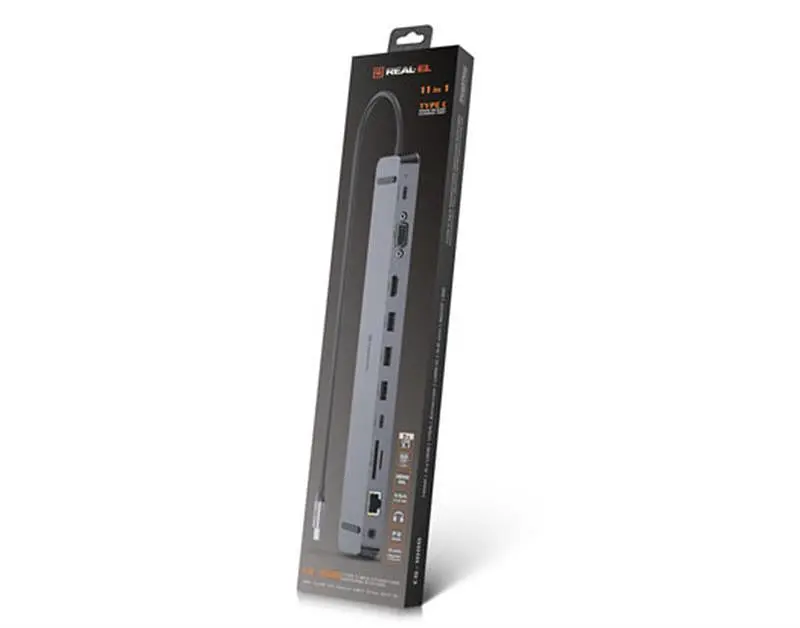 USB-хаб Real-el CQ-1000 USB3.0х3/USB-C/HDMI/VGA/RJ45/SD/TF/3.5 mm audio, 0.4m, Космічний сірий - фото 5