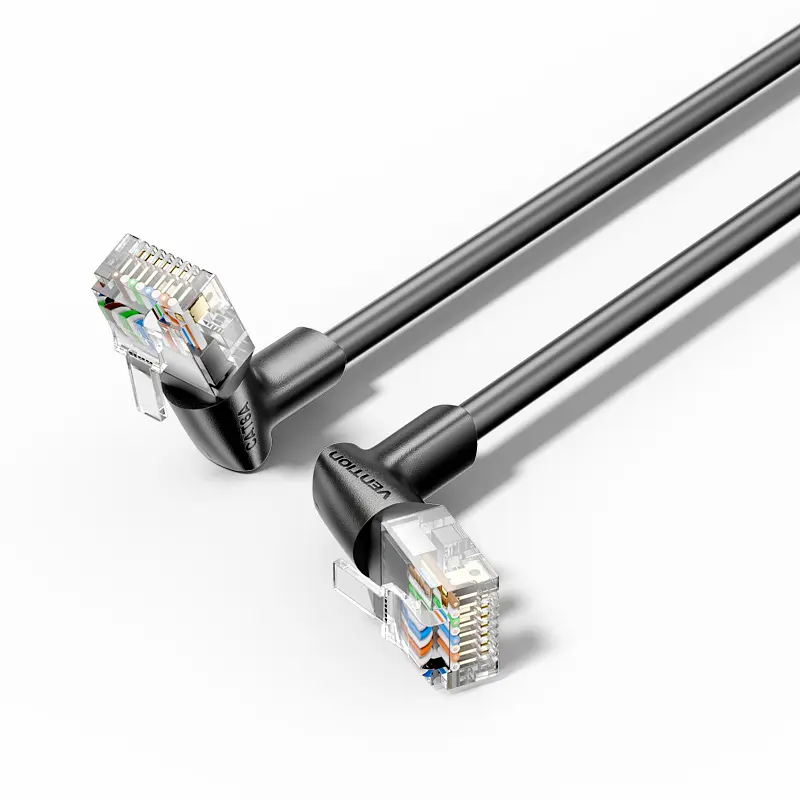 Мережевий кабель Ethernet Vention 1 м патч-корд RJ45 штекер на RJ45 штекер Cat6A до 10 Гбіт/с з поворотним кутовим роз’ємом тонкий діаметром 3,8 мм неекранований UTP з провідниками з безкисневої міді чорний (IBSBF)