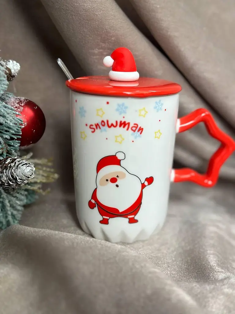 Чашка новогодняя Snowman с крышкой и ложкой Санта-Клаус 360 мл Белая - фото 5
