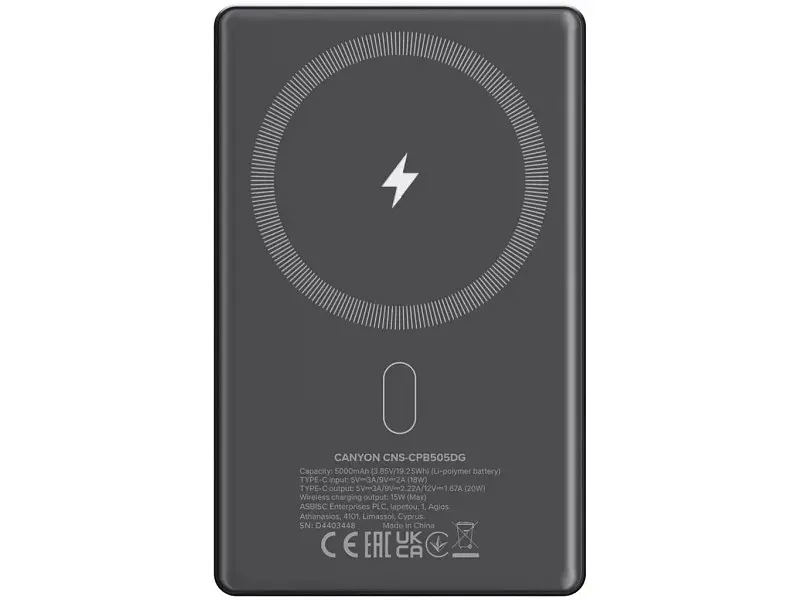 Зовнішній акумулятор (Power Bank) Canyon OnCharge 505 slim 5000mAh 20W Dark Grey (CNS-CPB505DG) - фото 3