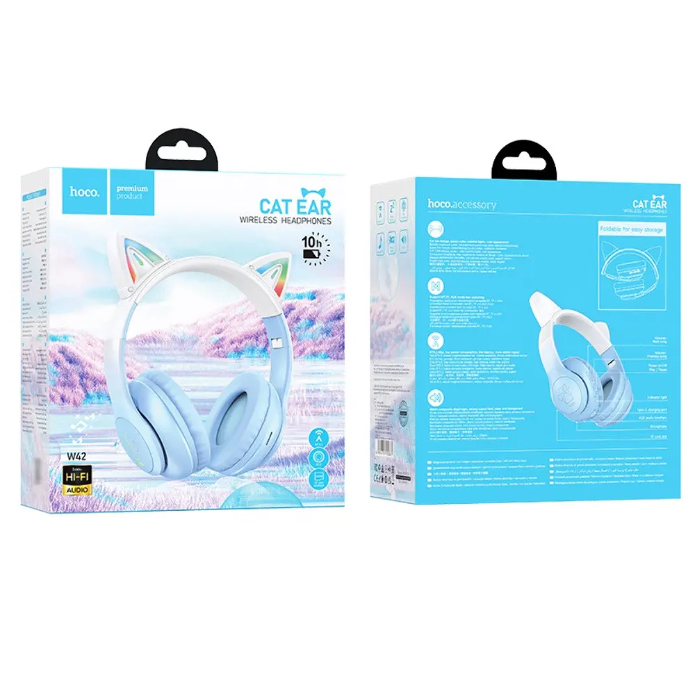 Наушники беспроводные Hoco W42 Cat Ear накладные с ушками и LED подсветкой crystal синий - фото 4