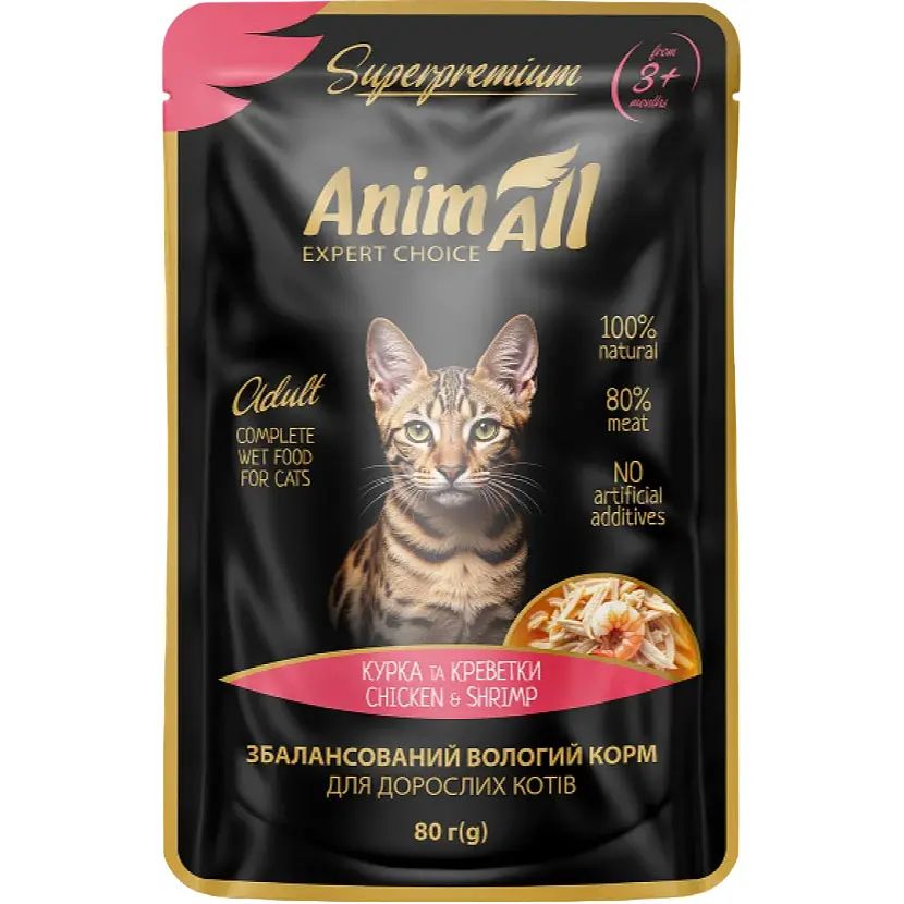 Вологий корм для котів AnimAll Cat Adult Chicken & Shrimp із куркою та креветками в желе 80 г