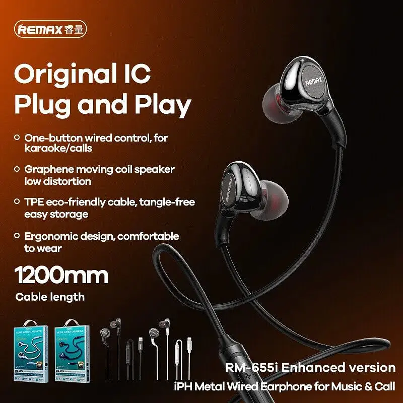 Навушники Remax RM-655i Lightning Metal Wired Earphone for Music & Call чорні - фото 3