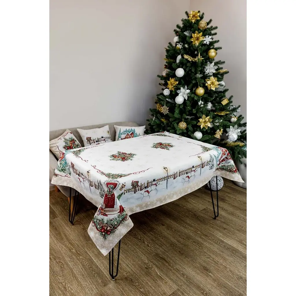 Скатертина Прованс Святковий будинок гобеленова з велюром 240х135 см бежева (31283) - фото 5