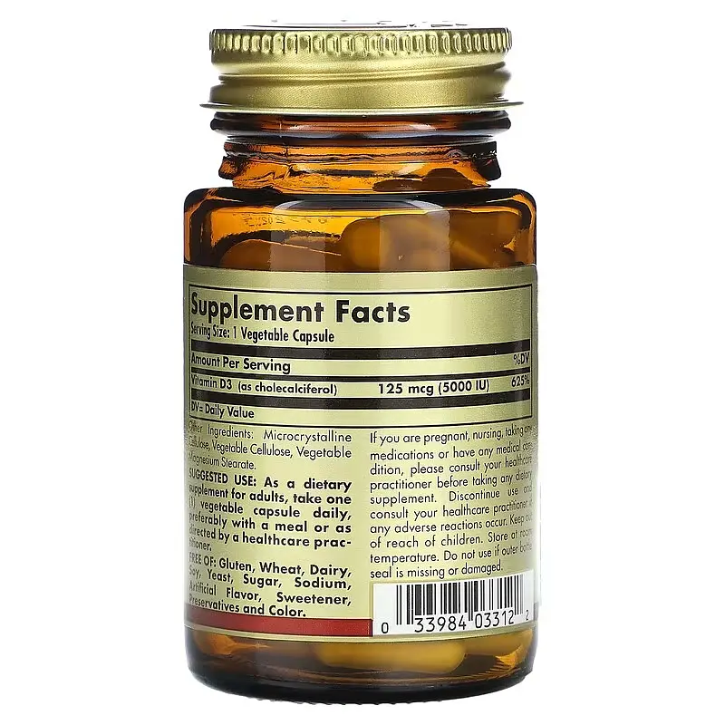 Витамин D Vitamin D3 125 mcg (5000 IU) 60 капсул Solgar vit0006412 - фото 2