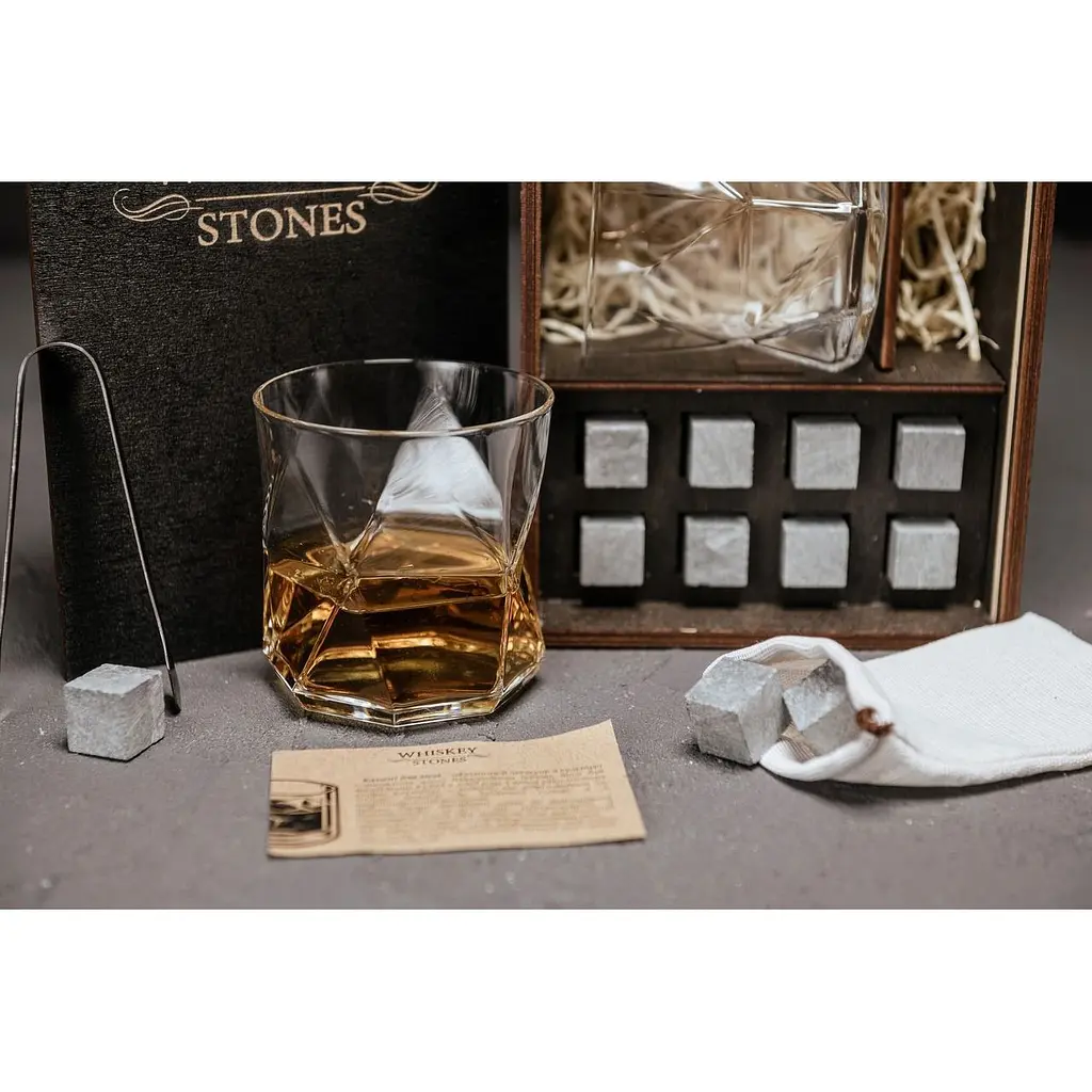 Подарунковий набір Whiskey Stones камені для віскі в дерев'яному пеналі №1 + 2 склянки Bormioli Rocco Cassiopea + щипці + мішечок - фото 5