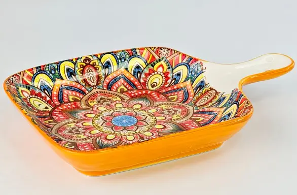 Салатник керамічний з ручкою квадр. 23x16x3 см Мальований жовтий