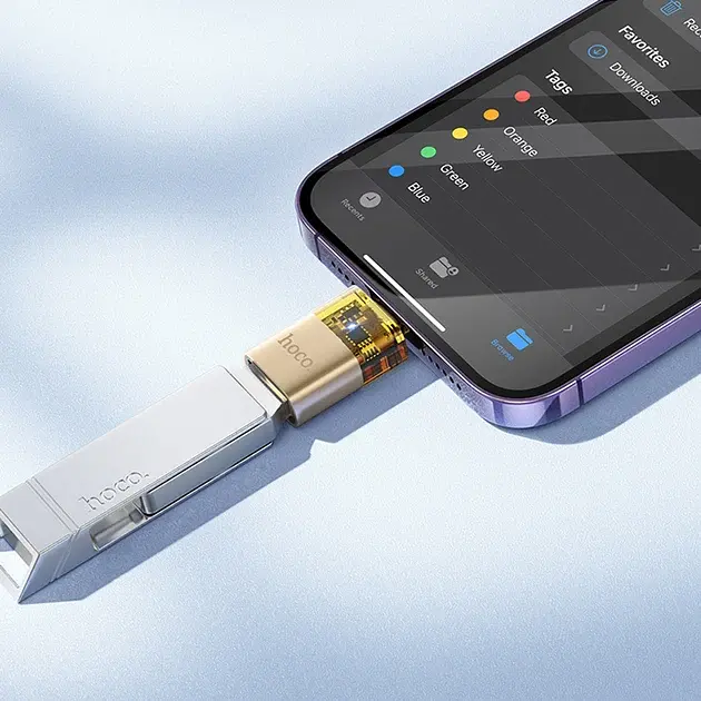 Адаптер Hoco UA36перехідник iPhone Lightning тато to USB мама OTG transparent adapter Gold - фото 2