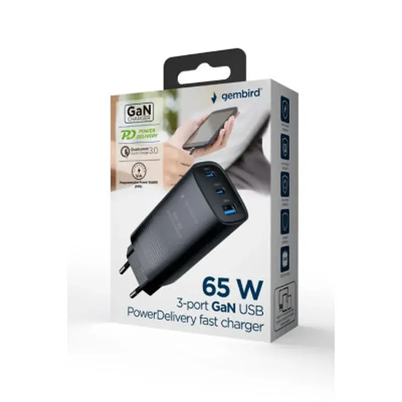 Зарядний пристрій Gembird USB-A + 2xType-C (PD18W + QC3.0 27W) black (TA-UC-PDQC65-01-BK) - фото 5