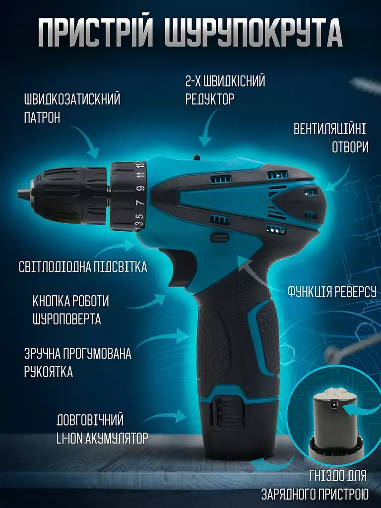 Потужний шурупокрут акумуляторний, дриль-шурупокрут акумуляторний 12V+2 АКБ+кейс з повним комплектом насадок блакитний - фото 8