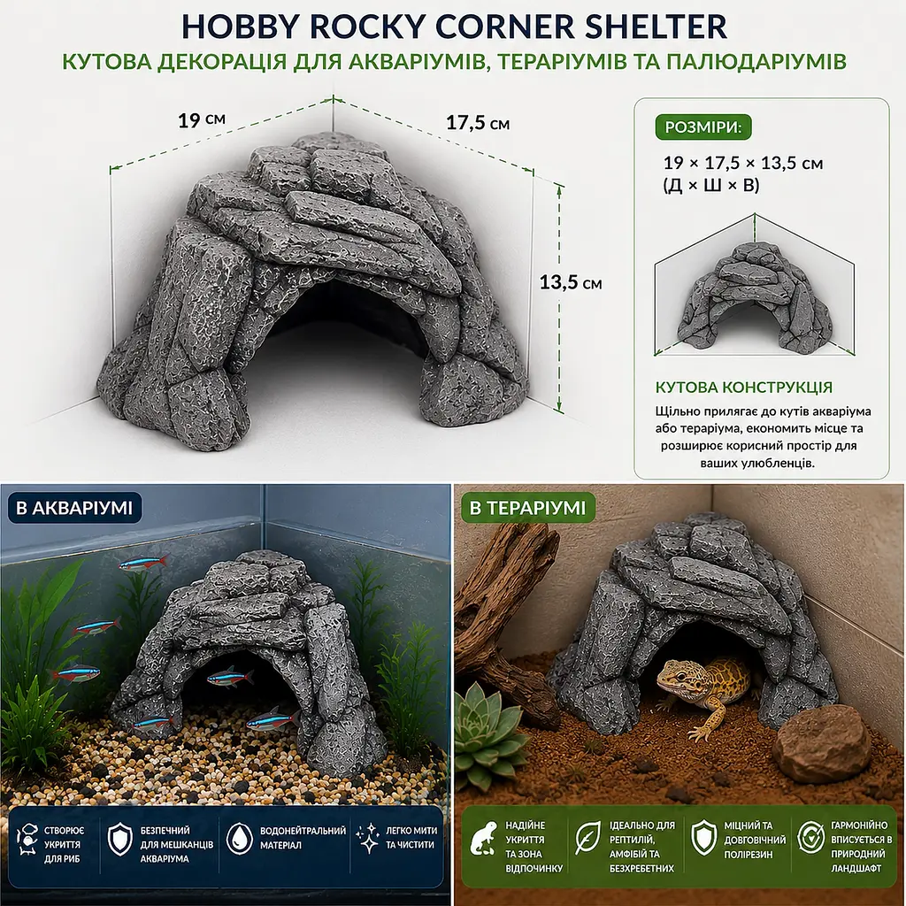 Декорація кутове укриття Hobby Rocky Corner Shelter 19×17,5×13,5 см для тераріуму та акваріума (36506) - фото 3