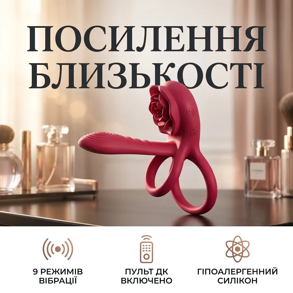 Кільце ерекційне з стимулятором клітора силіконове з вібрацією та пультом ДК 9 режимів Червоне - фото 2