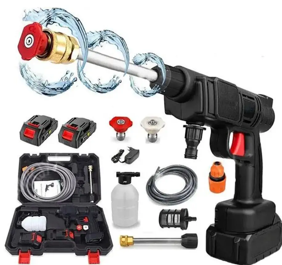 Аккумуляторная мойка высокого давления Cleaning Gun 48V 1000W Черная универсальная портативная беспроводная автомойка ручной пистолет для мойки авто сада окон фасада кондиционеров комплект с кейсом фильтром аккумулятором шлангом насадками распылителями - фото 5