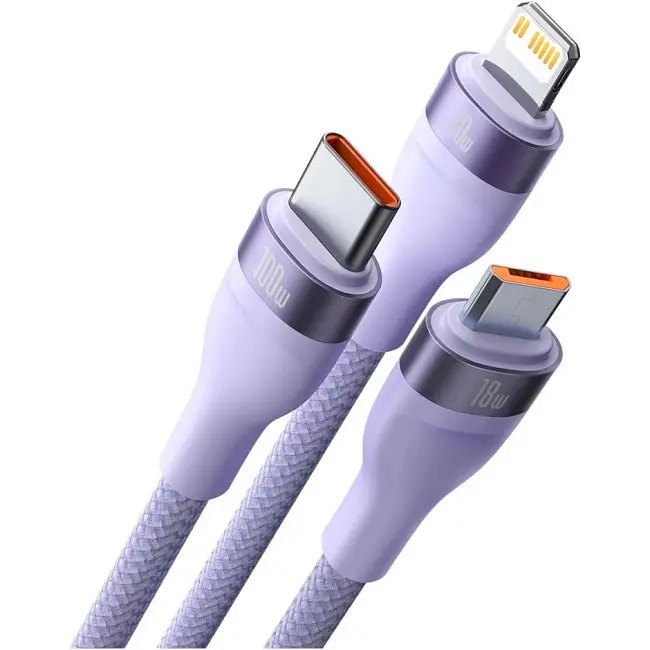 Кабель Baseus Flash Series Ⅱ 3-in-2 Cable USB+Type-C to MicroUSB+Lightning+Type-C 100W 1.2m CASS030105 Purple - фото 2