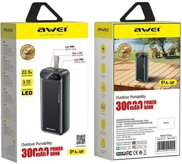 Повербанк Power Bank AWEI PA-12 портативна батарея швидка зарядка 22.5W 30 000 mAh Чорний - фото 7