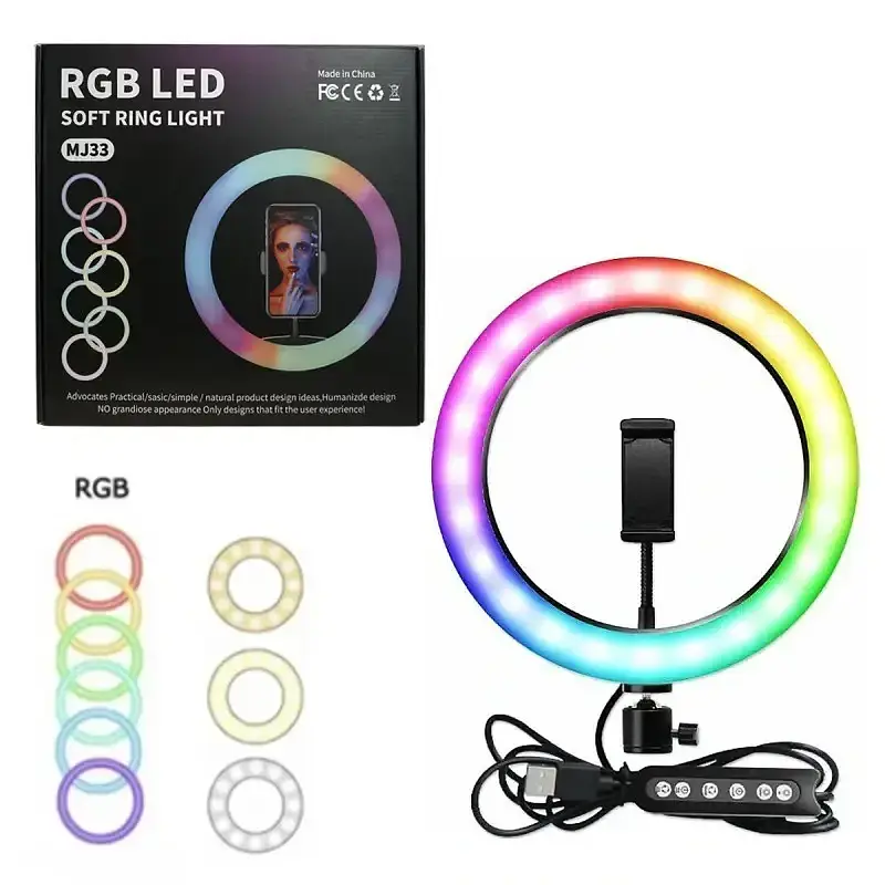 Лед-лампа кольцевая для студийного освещения Ring RGB MJ 33 33см с пультом и штативом для фото и видео - фото 7