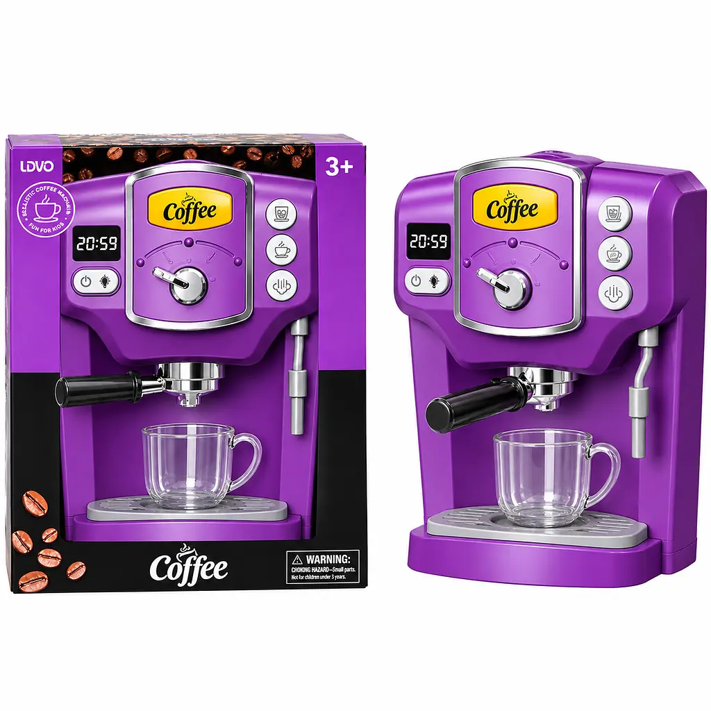 Іграшкова кавомашина рожкова для дітей Toy Coffee Maker фіолетова, дитячий кавовий апарат на батарейках з чашкою - фото 4