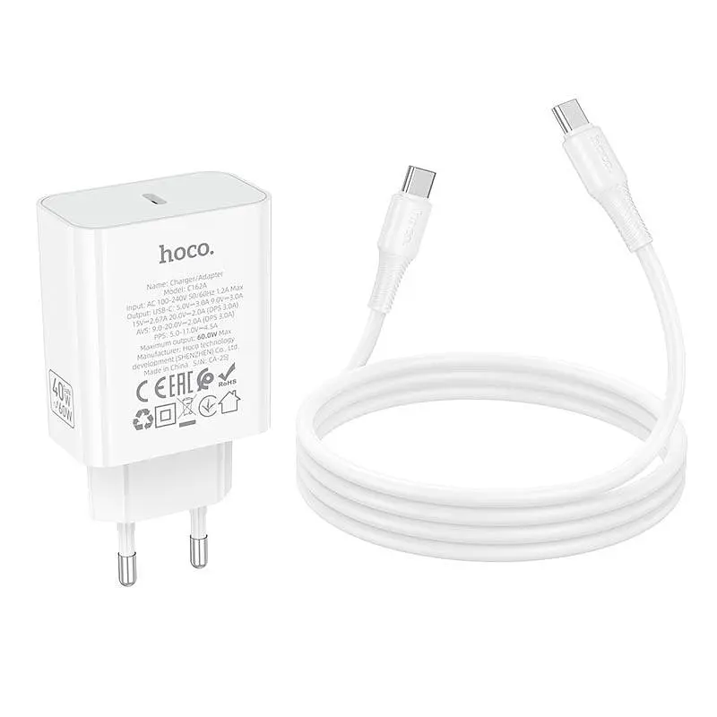 Адаптер мережевий HOCO C to C cable Source single port PD charger set C162A 1Type-C, 40W/3A, PD/QC