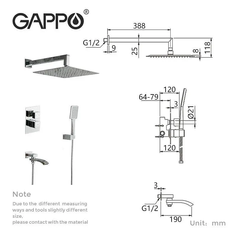Душова система прихованого монтажу Gappo G7107-40, вилив - перемикач на лійку, 3-функції, хром, Хром - фото 10