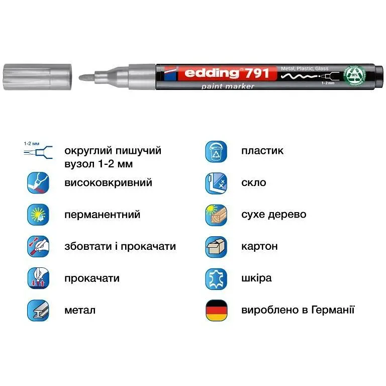 Маркер Edding Paint e-791 1-2 мм круглий срібний (e-791/54n) - фото 2