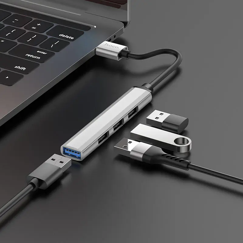 USB-хаб Hoco HB26 4 in 1 adapter(USB to USB3.0+USB2.0*3) Metal Gray - фото 2