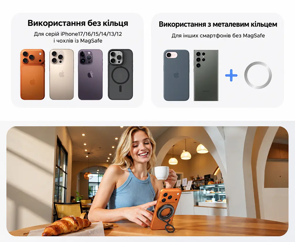 Магнітний тримач-кільце з підставкою для телефона UGREEN LP1022 двостороннє магнітне кріплення до пристрою та сталевих поверхонь сумісний із MagSafe з металевим кільцем для телефонів і чохлів без MagSafe обертання 360° та регульований нахил знімна конструкція сила зчеплення 60 Н із металевим кільцем чорний і темно-сірий із білим маркуванням (65301) - фото 11