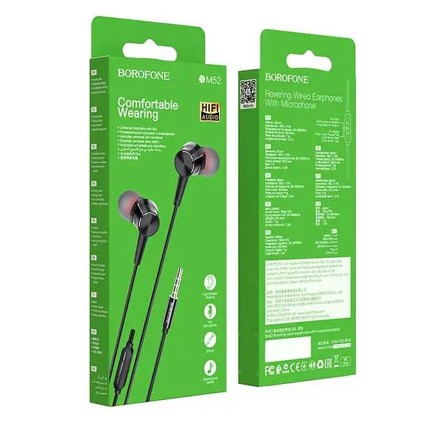 Проводные вакуумные наушники Borofone BM52 Revering, 3.5mm, 1.2m, Чёрный - фото 4