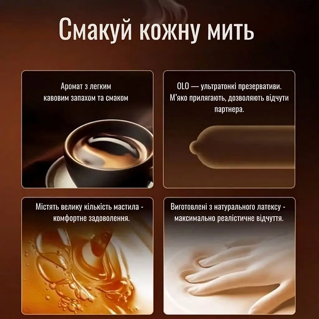 Презервативи з легким кавовим ароматом ультратонкі OLO Coffee 0,03 мм з гіалуроновою кислотою 10 шт - фото 6