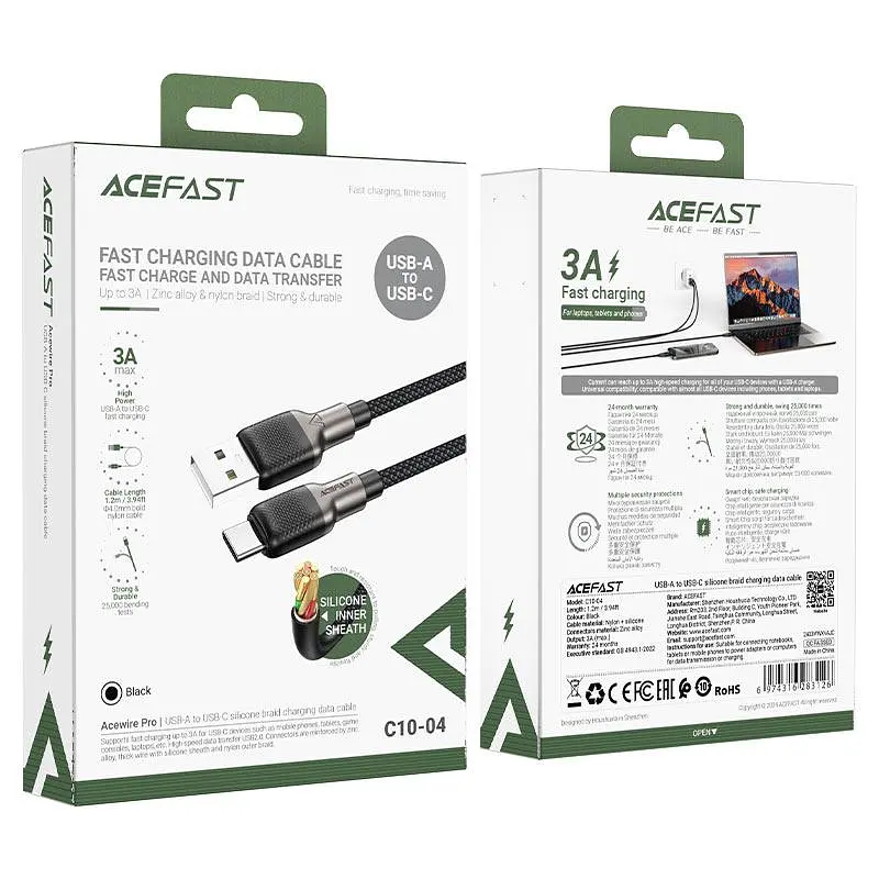Кабель ACEFAST C10-04 USB to Type-C 3A, 1.2m, silicone, zinc connectors, чорний - фото 3