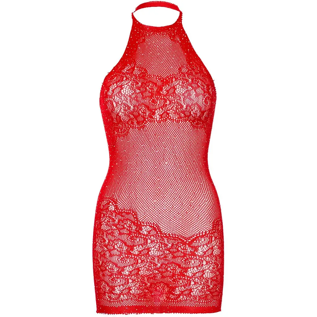 Сукня-сітка зі стразами Leg Avenue RhinestOne halter Mini dress Red, відкрита спина, One Size - фото 11