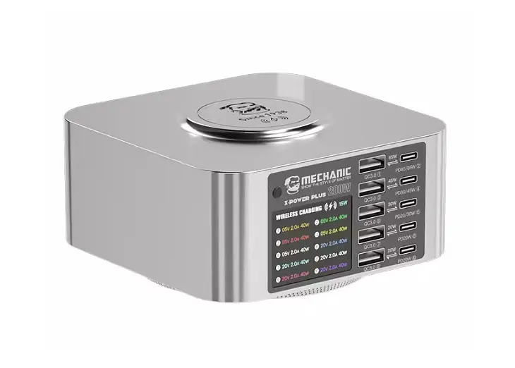 Зарядна станція з індикацією LED MECHANIC X-Power Plus, 5*PD3.1-65W, 5*QC3.0-30W,5В3А,9В2.2A,12В1.67А. Wireless Charging15W, 220V/200W, 119×119×60mm - фото 2