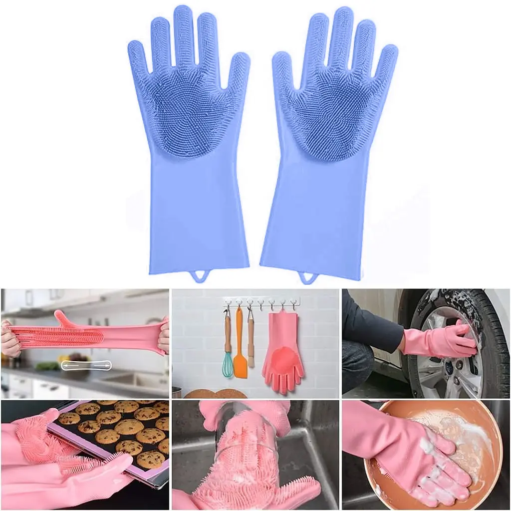 Силіконові багатофункціональні рукавички Magic Silicone Gloves Pink для прибирання, чищення та миття посуду, Kitchen Master Синій 86830 - фото 2