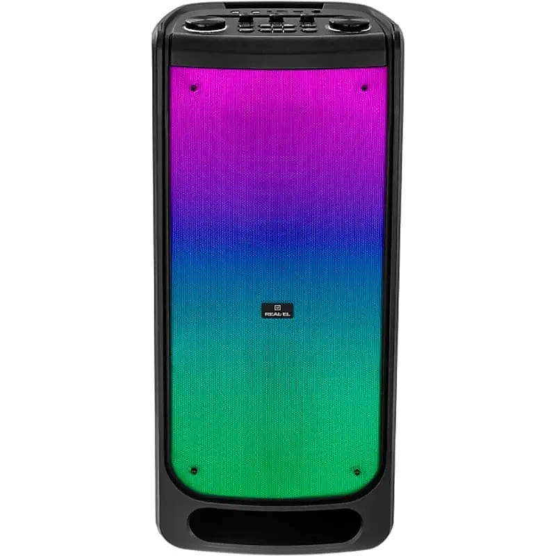 Колонка портативная 2.0 Real-El X-797, Black, 90 Вт (2 x 45 Вт), Bluetooth, AUX/USB/microSD, RGB подсветка, два микрофонных входа с функцией `эхо`, пульт ДУ, аккумулятор 88.8 Вт/ч - фото 3