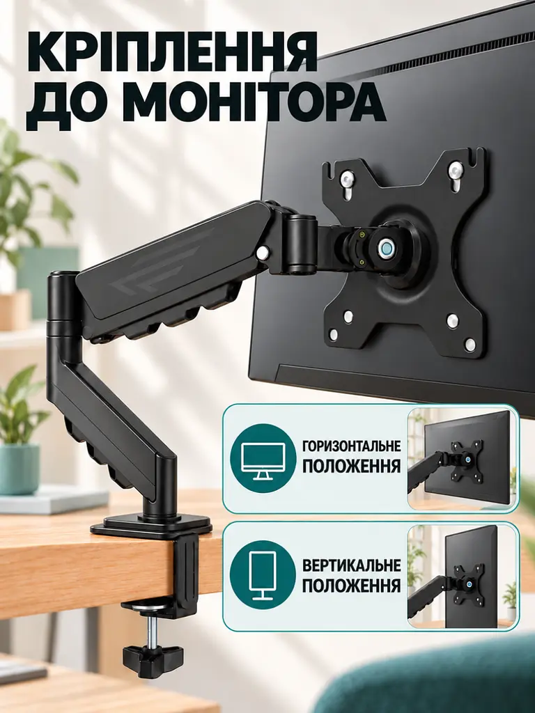 Настільний кронштейн з газліфтом для моніторів 17-32 дюйми Чорний (37261517) - фото 4
