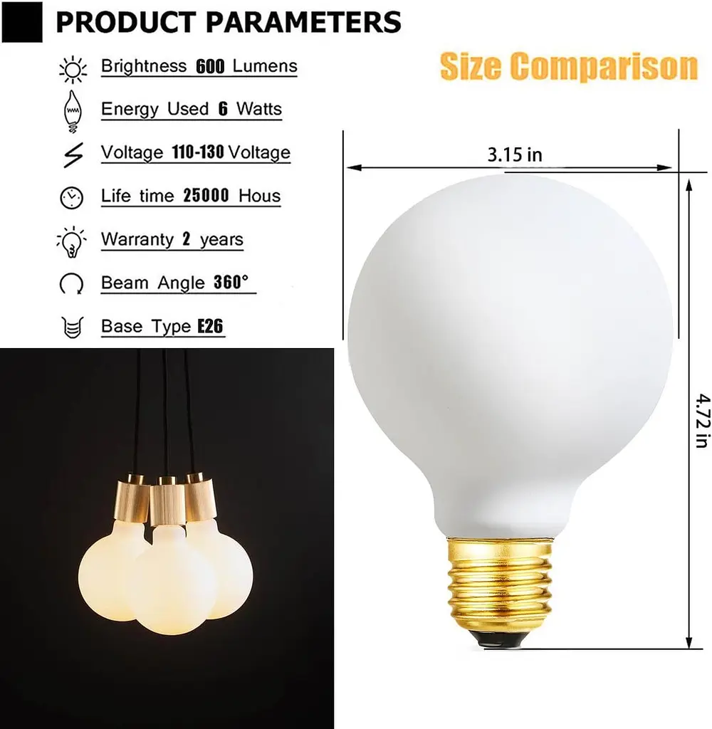 Светодиодная лампа Leools G25/G80 Dimmable Flick-Free Matt 6W Матовое стекло CRI95 Теплый белый 600LM, 60W Эквивалент Винтажная - фото 2