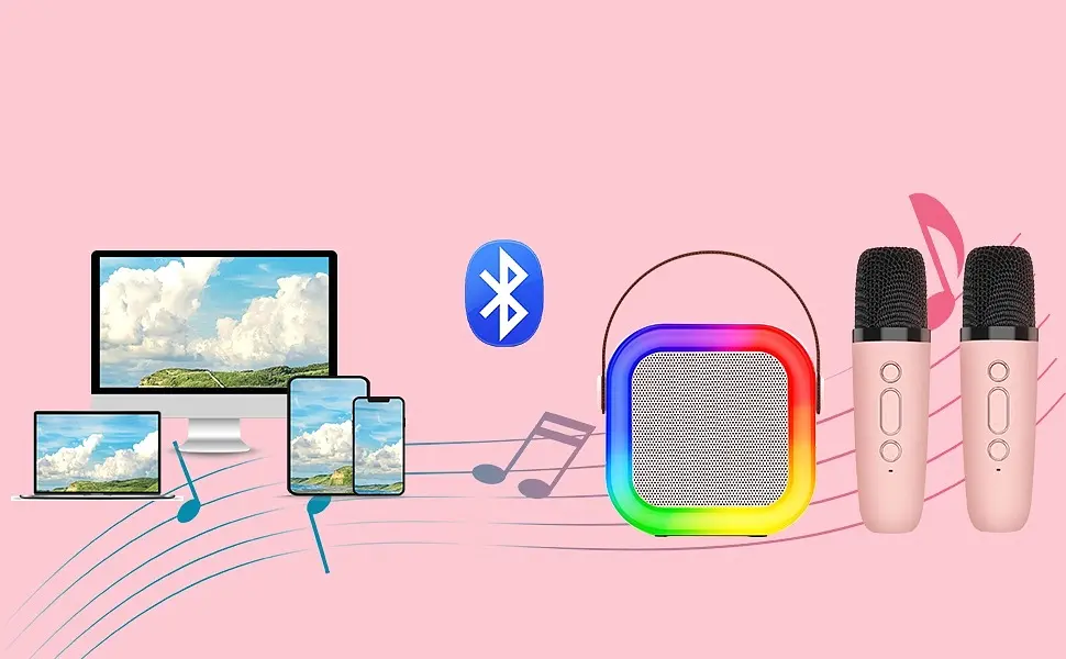 Колонка караоке та 2 мікрофони зі зміною голосу Bluetooth колонка з RGB підсвічуванням UKC K2 рожева - фото 4