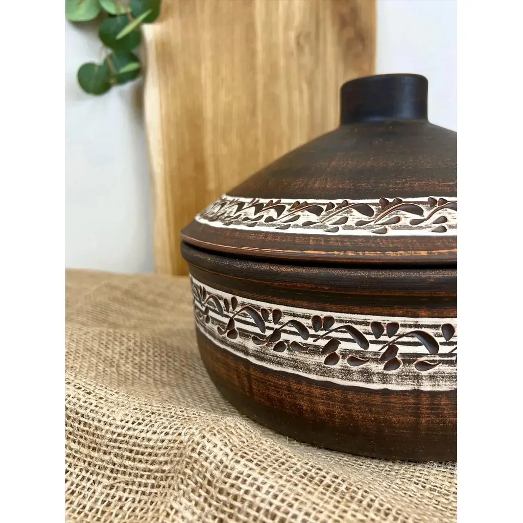 Сковорода 3 літри керамічна (глиняна) з кришкою різьблена   - фото 7