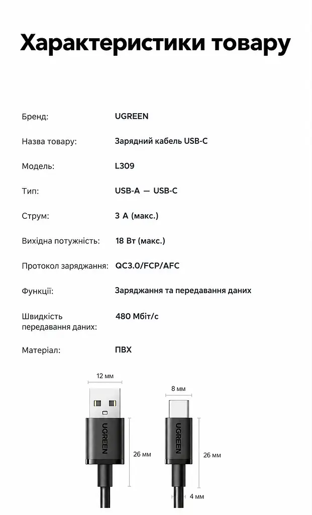 Кабель UGREEN L309 USB-A - USB-C QC 3.0 18 Вт 2 м чорний (85478) - фото 2
