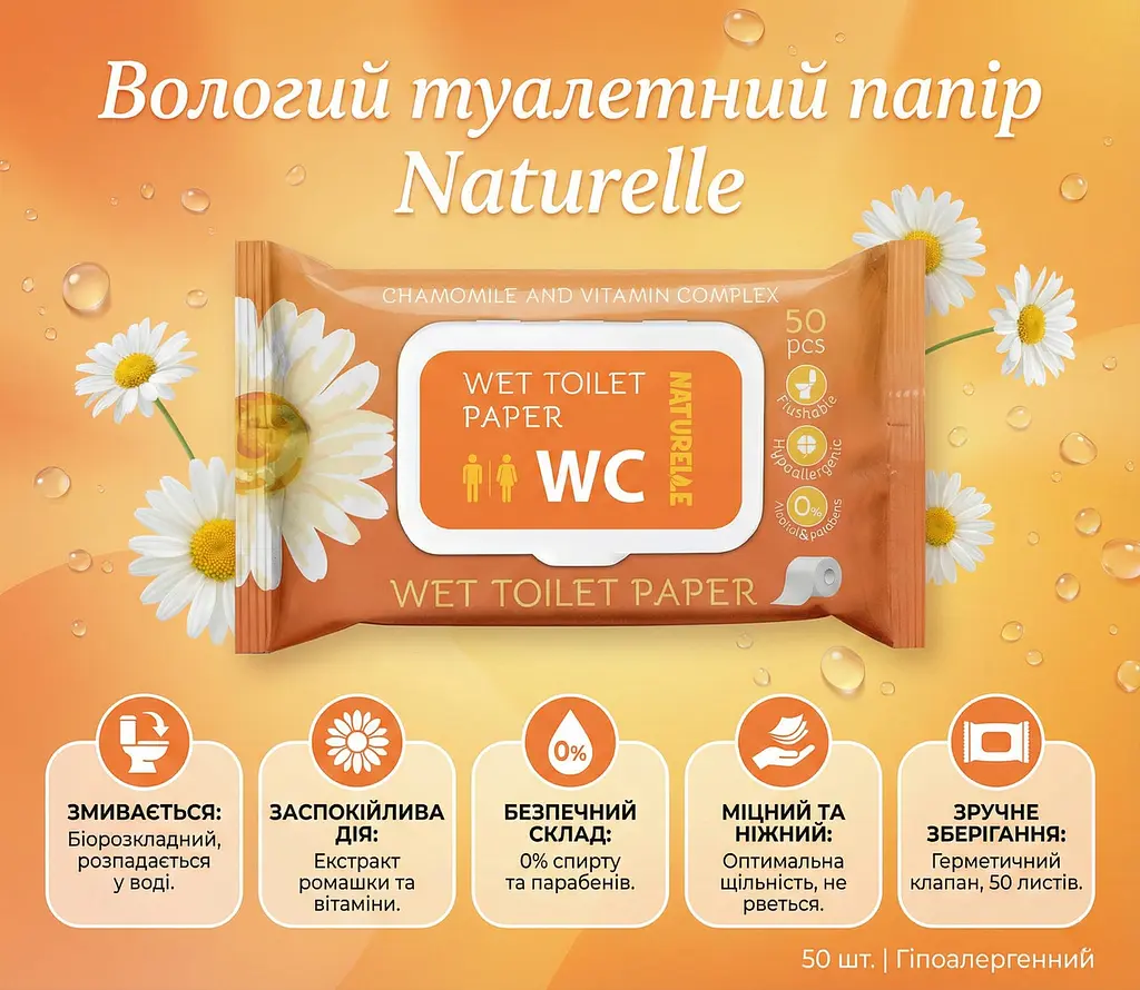 Вологий туалетний папір Naturelle Сhamomile 50 шт. Змивається в унітаз, з клапаном - фото 2