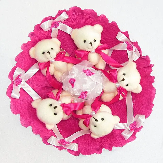 Букет из мягких игрушек 5 мишек 5292IT малиновый. - фото 3