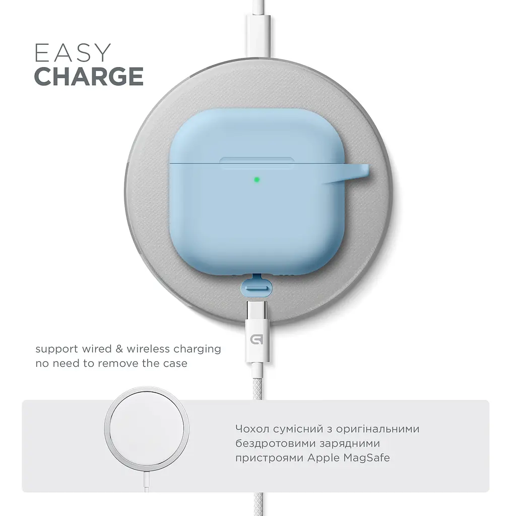 Силіконовий чохол для навушників Apple AirPods 4, Hang Case, блакитний, ультратонкий захисний кейс товщиною 2 мм, захист від подряпин, пилу та ударів, компактний, з карабіном для кріплення, ArmorStandart (ARM81283) - фото 7