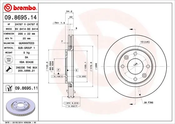 Диск гальмівний вентильований Peugeot 206, Partner, 2008 I, 208 I-II, 96-25р Brembo (09.8695.11) - фото 2