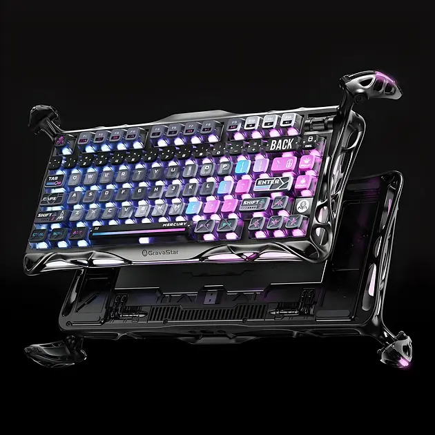 Ігрова бездротова механічна клавіатура Gravastar Mercury K1 Pro TKL Cyberpunk / Три режими підключення / Kailh Speedy Mint / Grey - фото 8