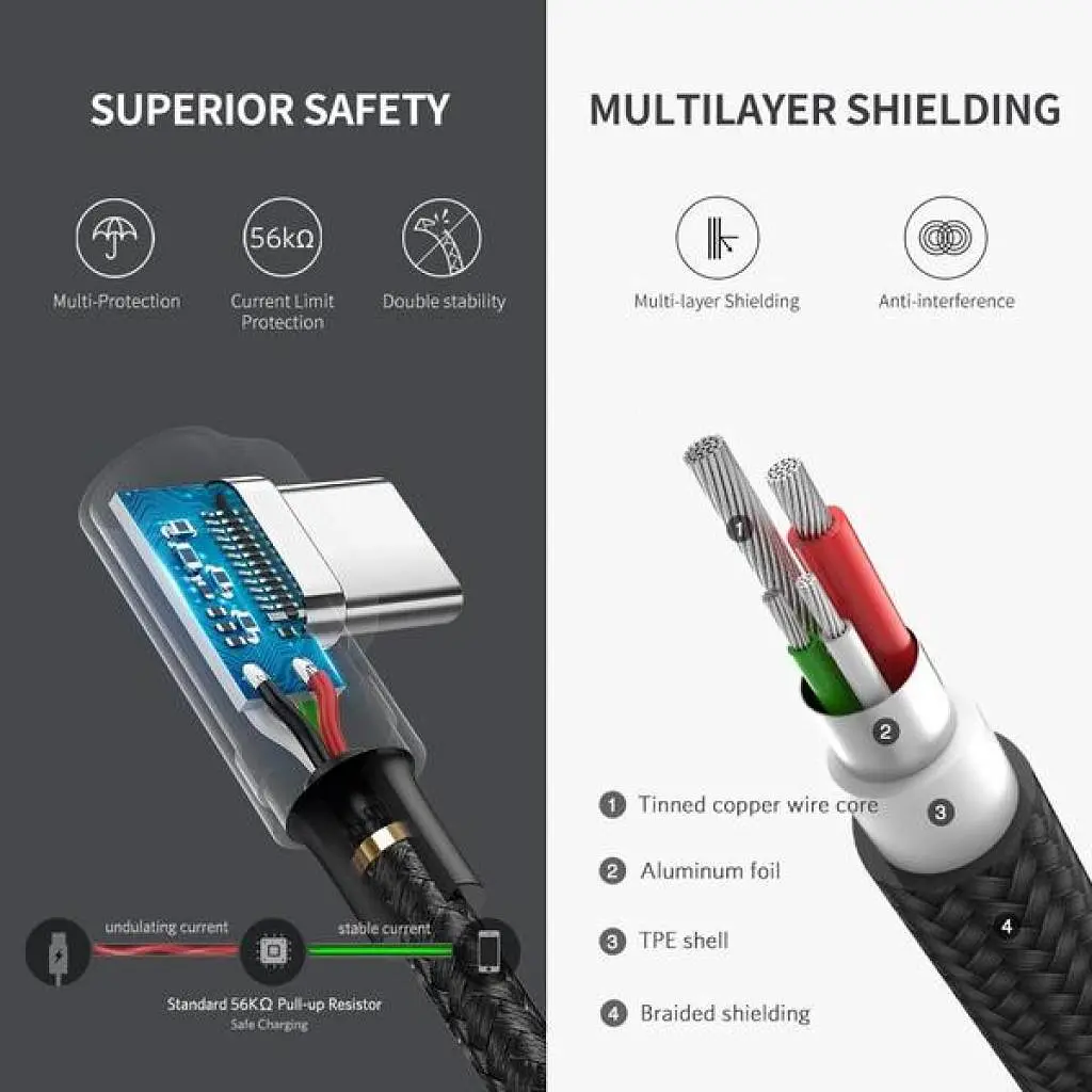 Дата кабель USB 2.0 AM to USB-C 1.0m US284 Angled Alum. Braid Black Ugreen (50941) - фото 6