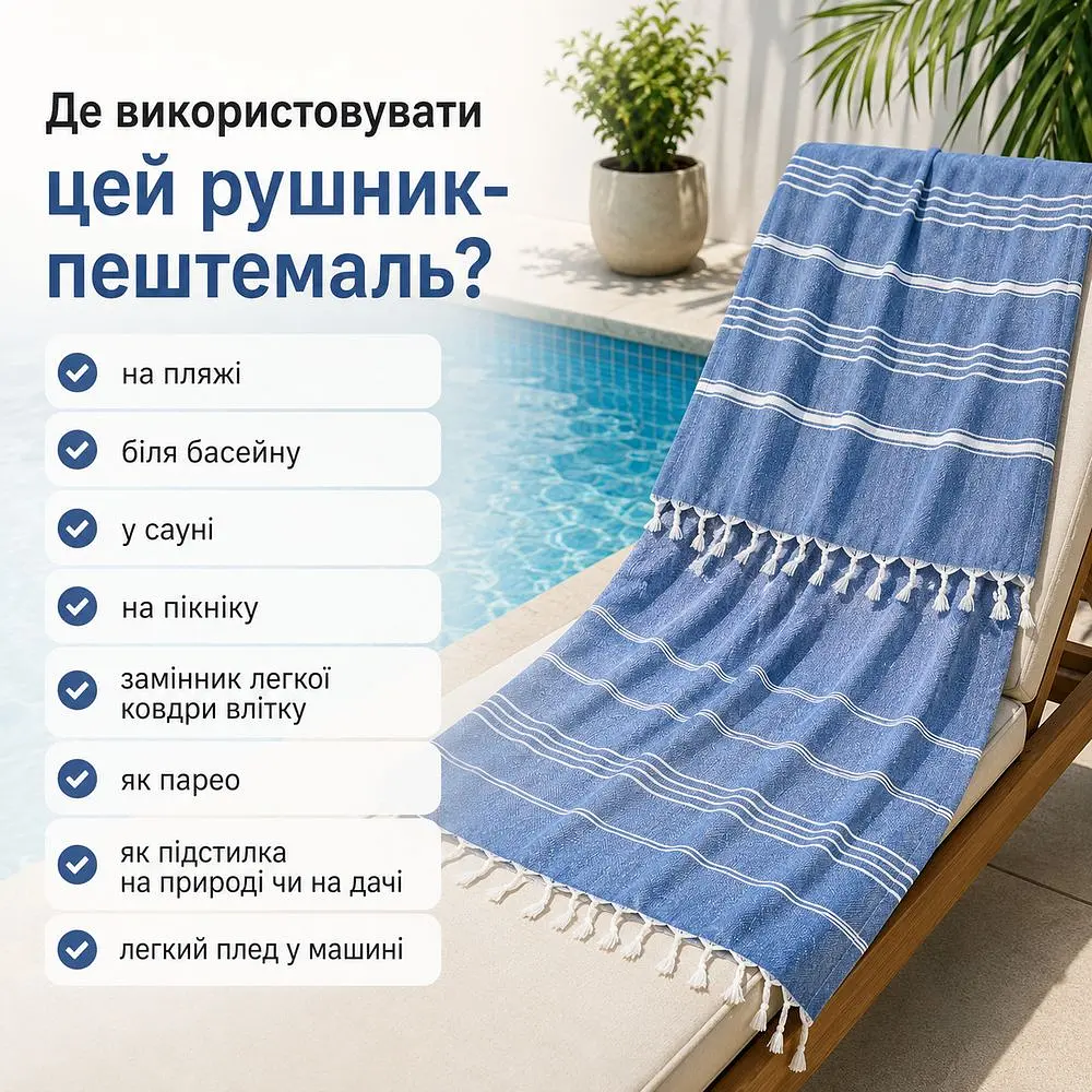 Рушник пештемаль Turkey Towel 100х180 см легкий великий для пляжу басейну бані сауни підстилка на дачу пікнік природу відпустку море Organik синій - фото 3
