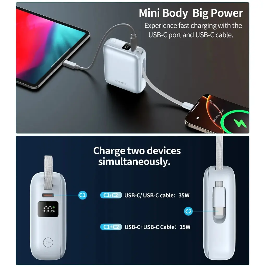 Батарея універсальна Choetech 10000mAh, 35W, PD/3.0, LED Display, buid-in type-C cabel, Blue (B832-LBE) - фото 6