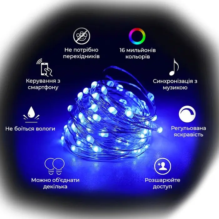 Світлодіодна гірлянда Smart LED «Крапля роси» 10 м з Bluetooth / Wi-Fi RGB керування зі смартфона через застосунок - фото 4