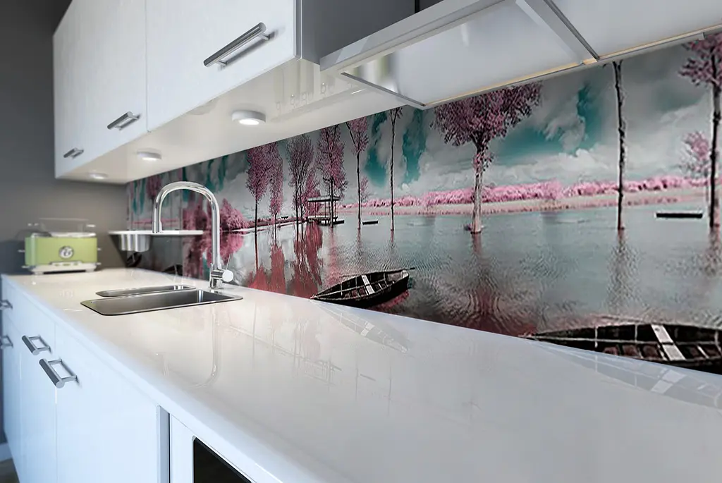 Кухонний фартух Рожеві дерева для кухні наклейка вода відображення Озеро Сірий 65х250 см Happy Pocket Z180469 - фото 3