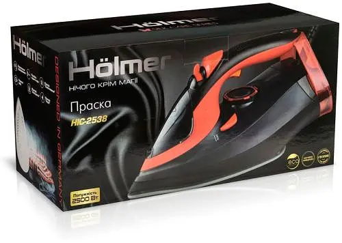 Утюг Holmer HIC-2538, Black/Red, 2500W, керамика, паровой удар 130 г/мин, постоянная подача пара 30 г/мин, вертикальная отпарка, очистка от накипи (HIC-2538) - фото 3